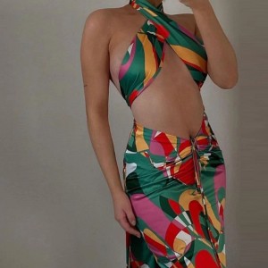 Print Tracksuit Woman Two Piece Boho Outfit Suits Halter Bandage Tanks And Ruched Drawstring Midi Skirts Matching Sets